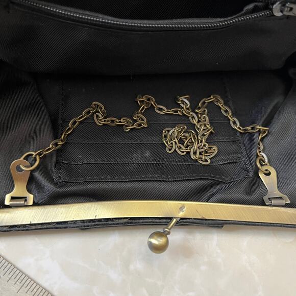 Vintage Black Leather Brass Hardware Wallet on a Chain Evening Clutch Bag - Picture 9 of 12